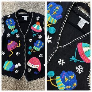 Vintage 90s Ugly Christmas Sweater Vest Black Winter Hats Sleeveless Festive M/L